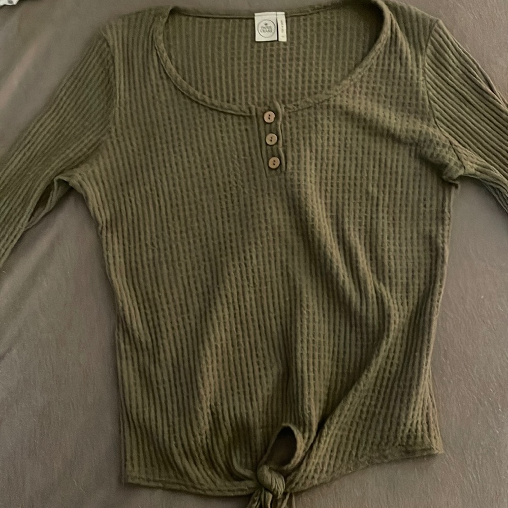 size small, paper crane, olive colored long sleeve